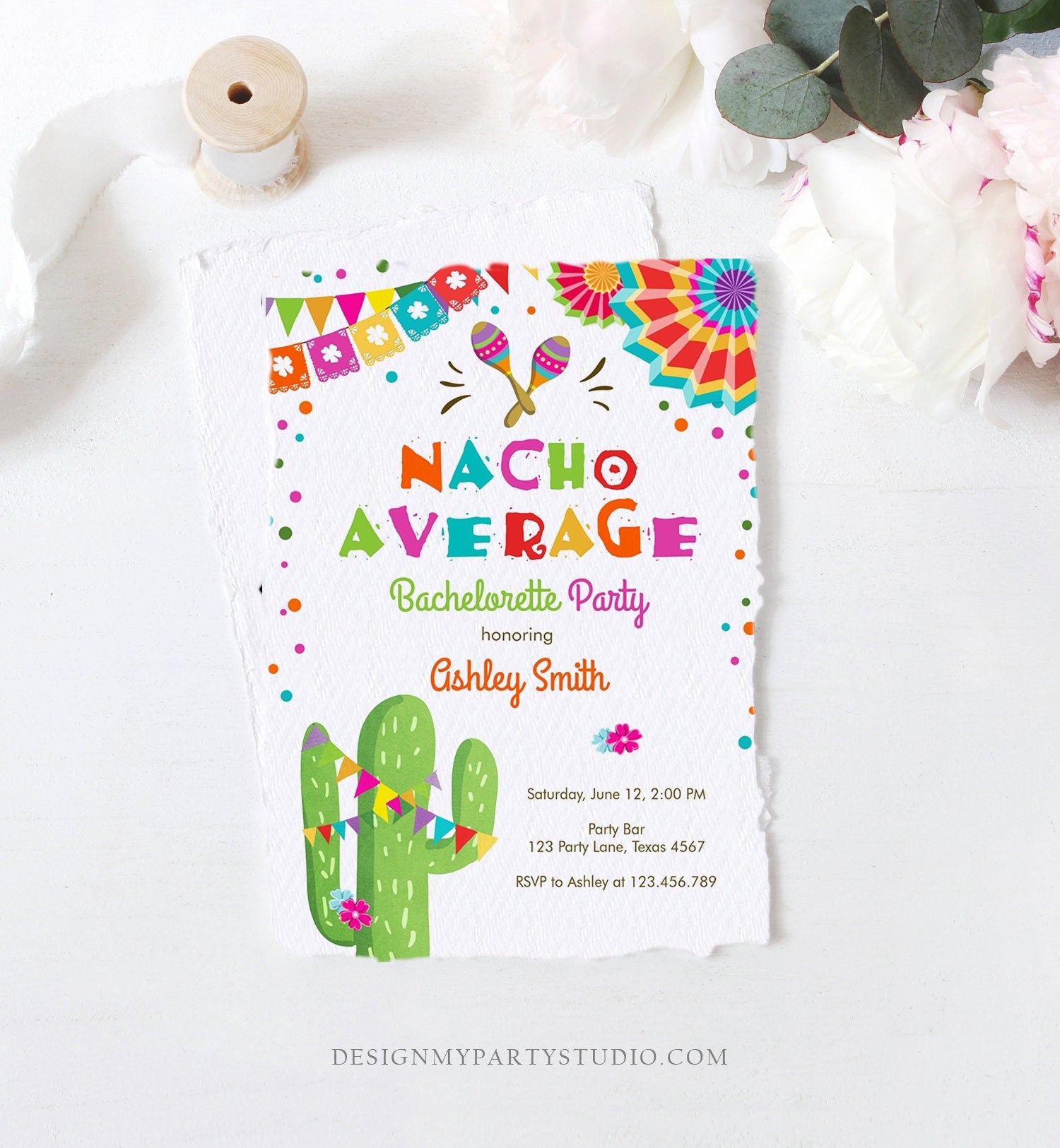 Editable Nacho Average Bachelorette Party Invitation Cactus Pink Let's Fiesta Mexican Bridal Shower Digital Download Template Printable 0045