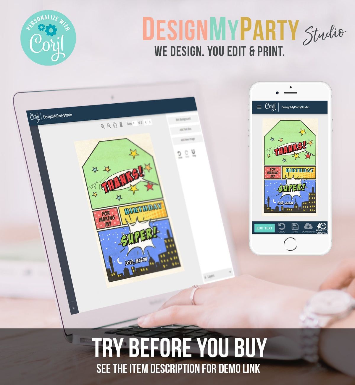 Editable Superhero Favor Tag Super Hero Boy Birthday Superheroes Party Gift Favors Superhero Thank You Digital Corjl Template Printable 0300