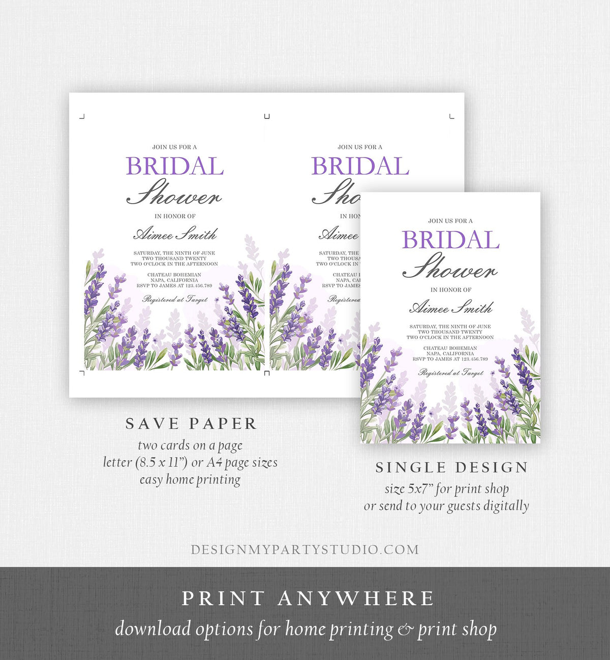 Editable Lavender Bridal Shower Invitation Greenery Foliage Boho Wedding Lilac Blush Lavender Purple Digital Corjl Template Printable 0206