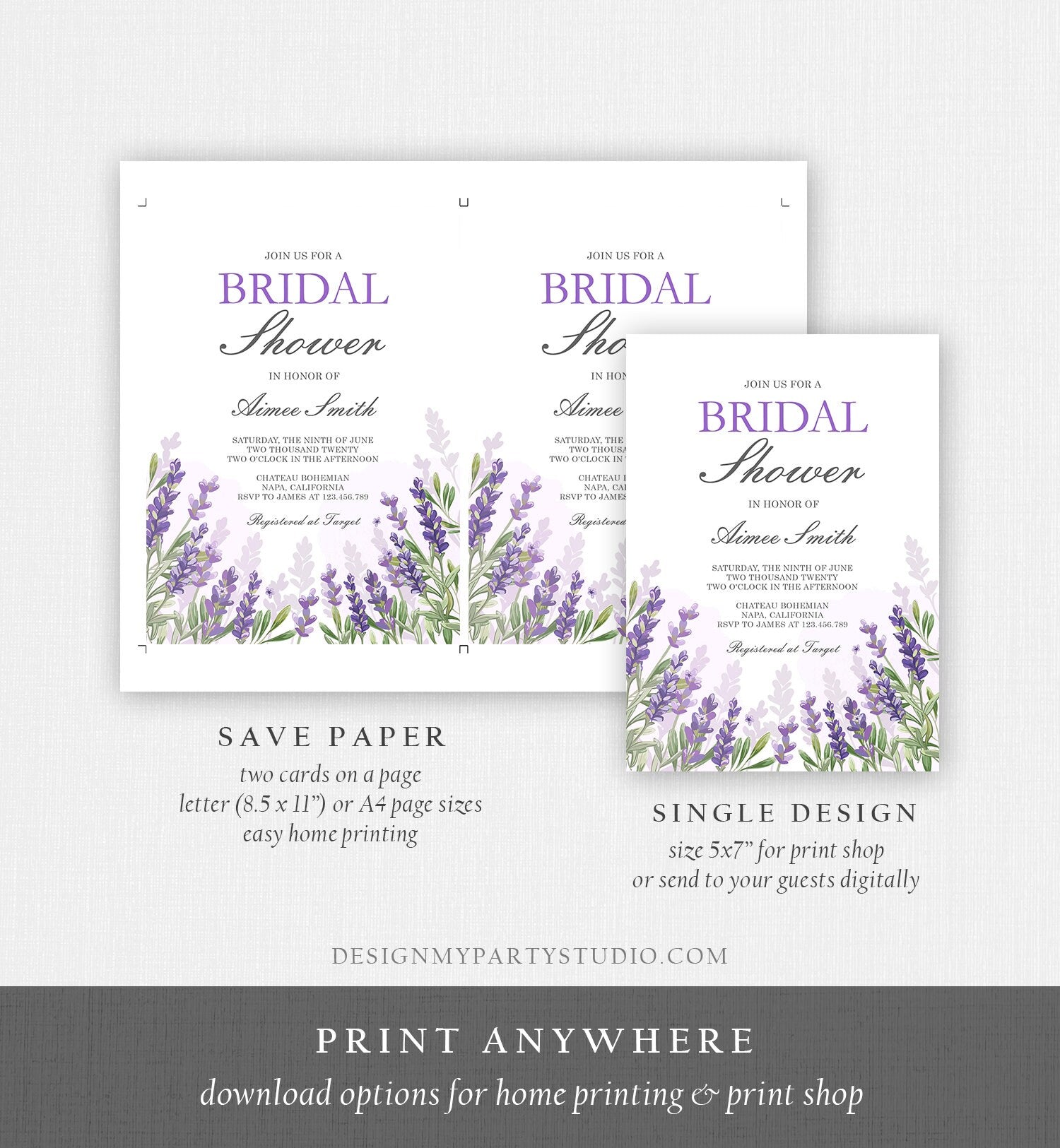 Editable Lavender Bridal Shower Invitation Greenery Foliage Boho Wedding Lilac Blush Lavender Purple Digital Corjl Template Printable 0206