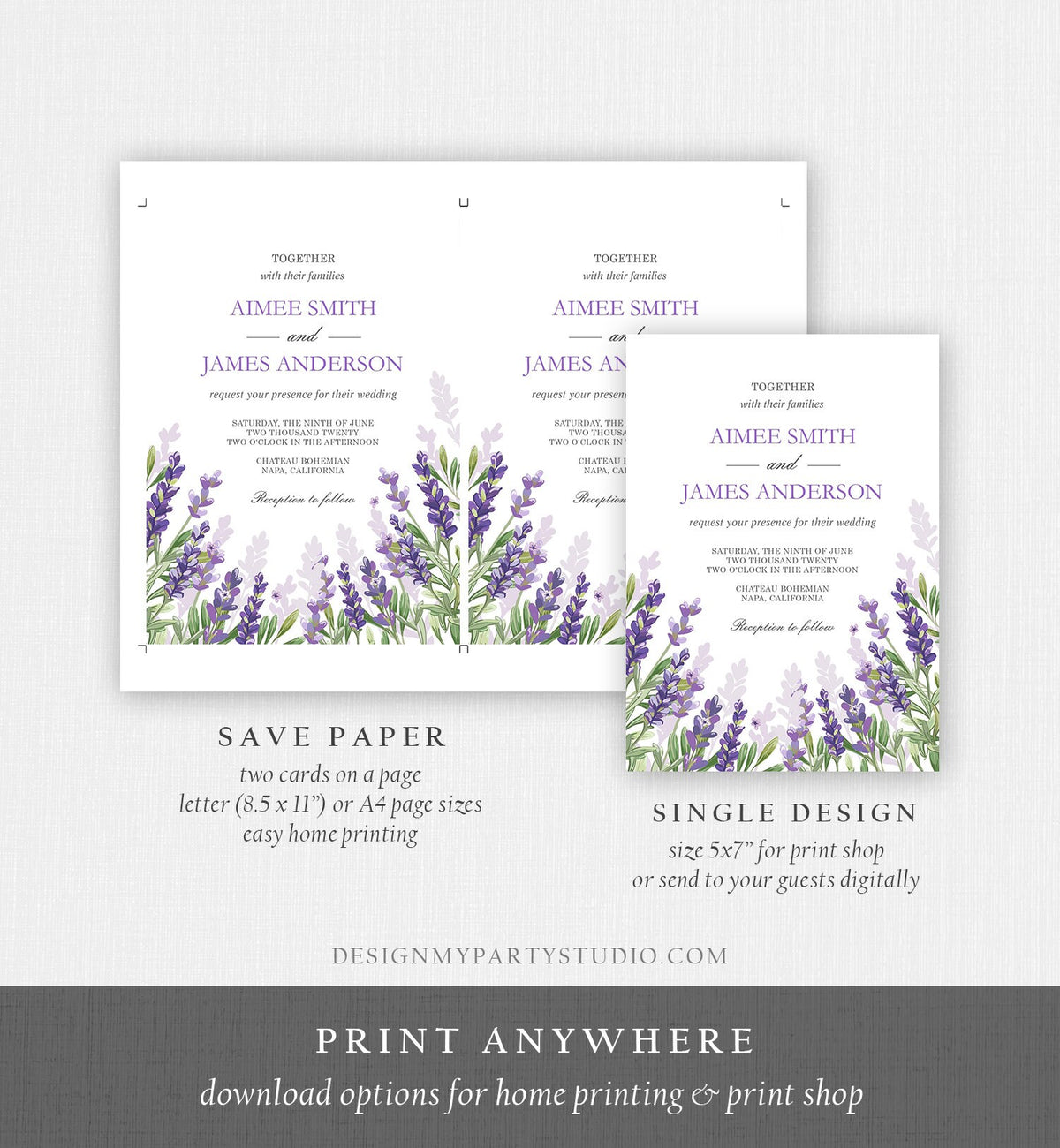 Editable Lavender Wedding Invitation Greenery Foliage Boho Bridal Shower Lilac Blush Lavender Purple Digital Corjl Template Printable 0206