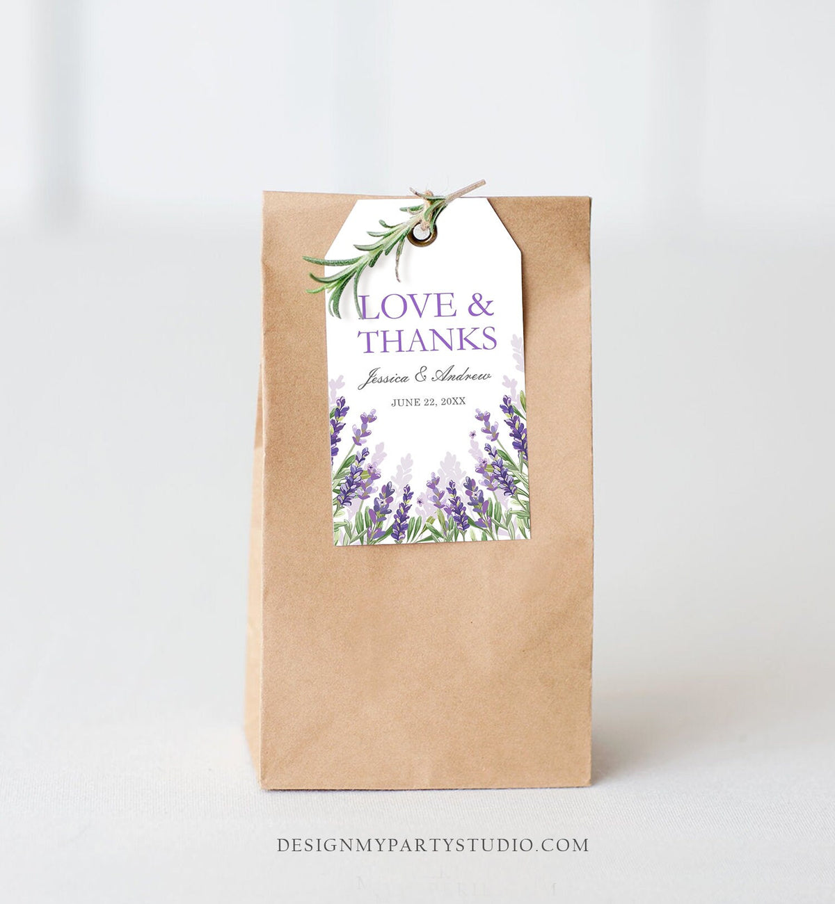 Editable Lavender Favor Tag Thank You Love and Thanks Wedding Bridal Shower Greenery Lilac Blush Purple Corjl Template Printable 0206