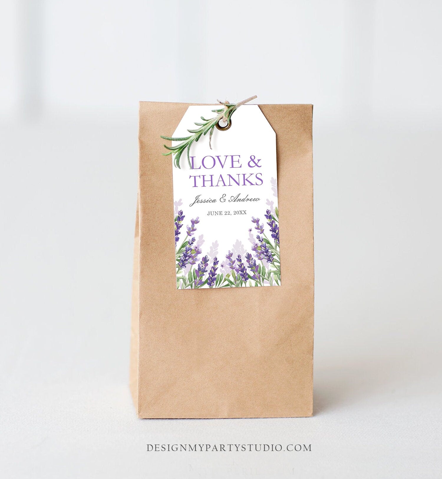 Editable Lavender Favor Tag Thank You Love and Thanks Wedding Bridal Shower Greenery Lilac Blush Purple Corjl Template Printable 0206