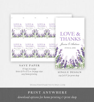 Editable Lavender Favor Tag Thank You Love and Thanks Wedding Bridal Shower Greenery Lilac Blush Purple Corjl Template Printable 0206