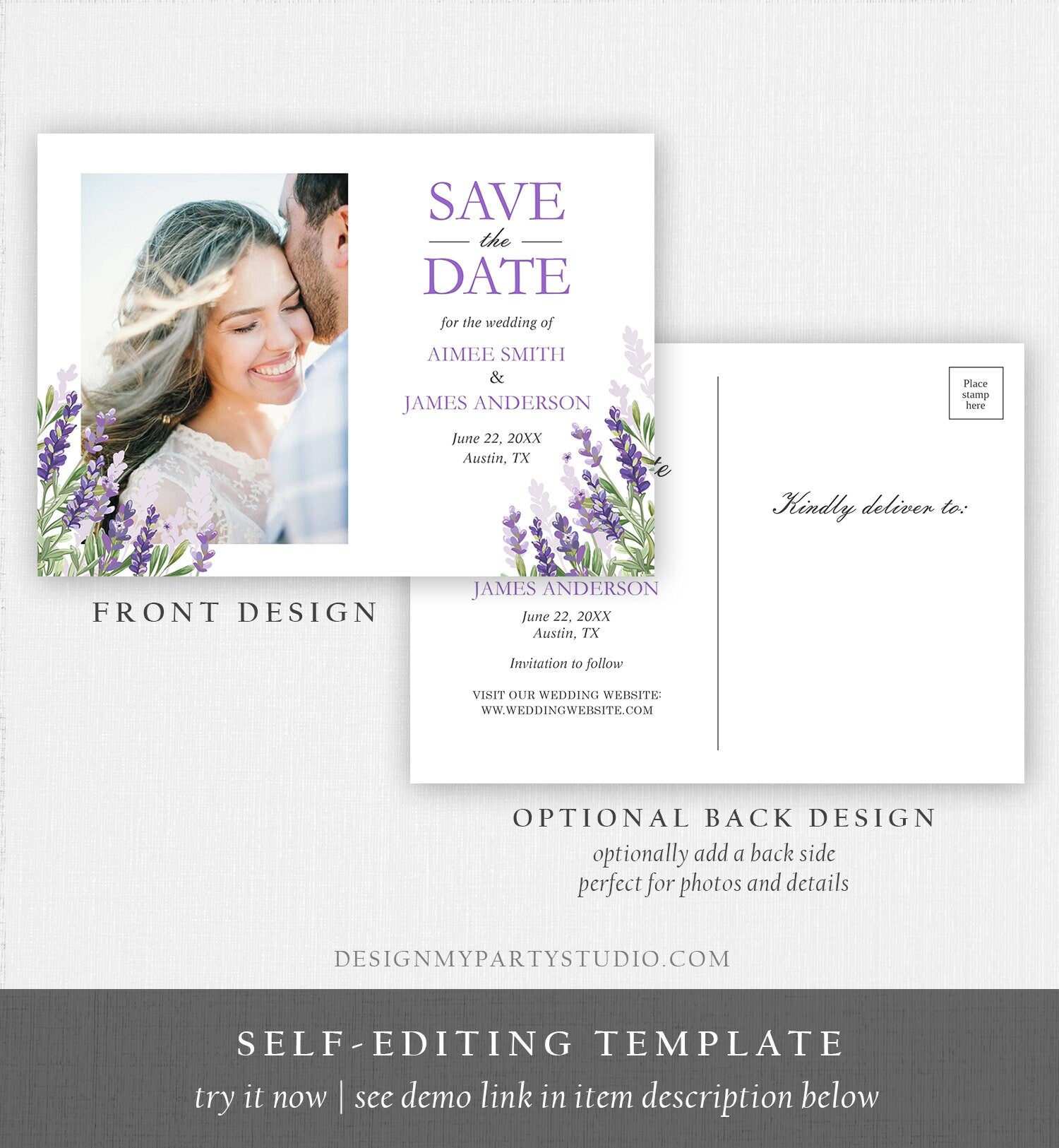 Editable Lavender Save the Date Postcard Greenery Foliage Boho Wedding Lilac Blush Lavender Purple Digital Corjl Template Printable 0206