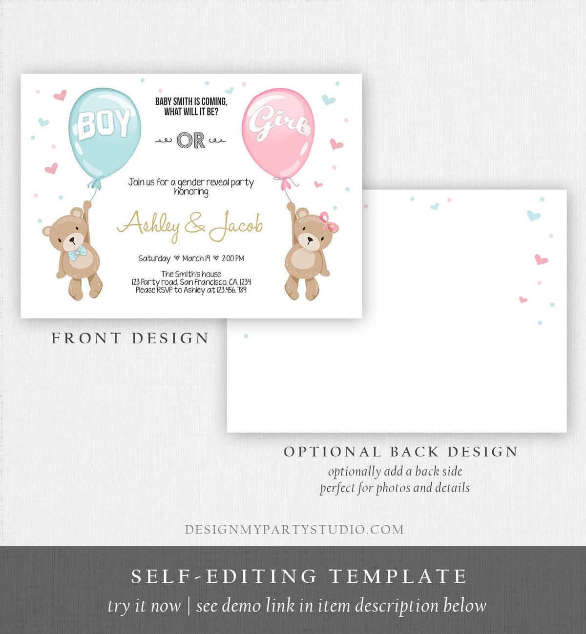 Editable Gender Reveal Invitation Teddy Bear Boy or Girl Blue or Pink He or She Bear Woodland Download Printable Template Corjl 0025