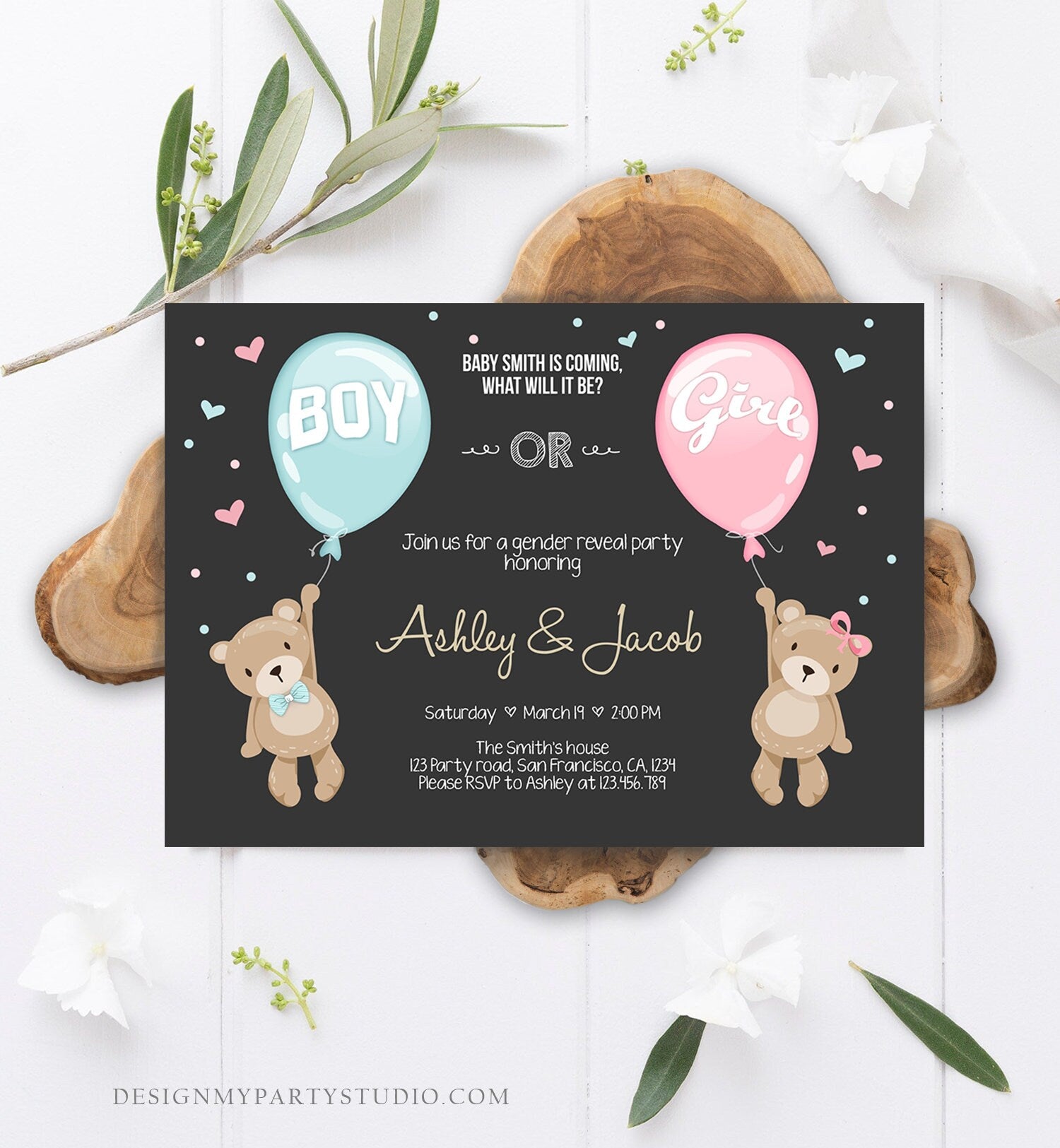Editable Gender Reveal Invitation Teddy Bears Boy or Girl Blue or Pink He or She Bear Woodland Download Printable Template Corjl 0025