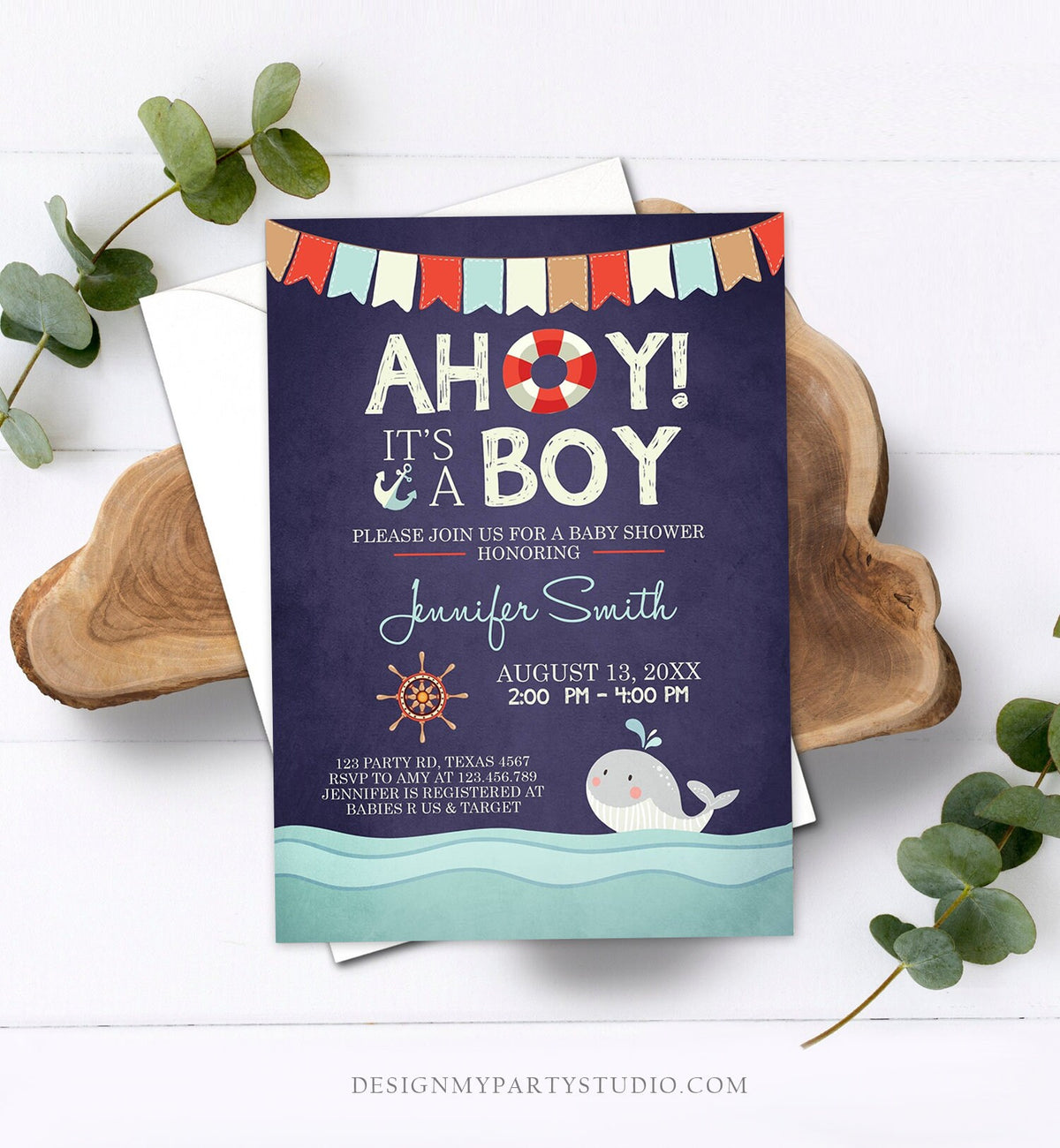 Editable Nautical Baby Shower Invitation Ahoy Its A Boy invite It&#39;s A Boy Whale Ocean Red Navy Blue Digital Corjl Template Printable 0018