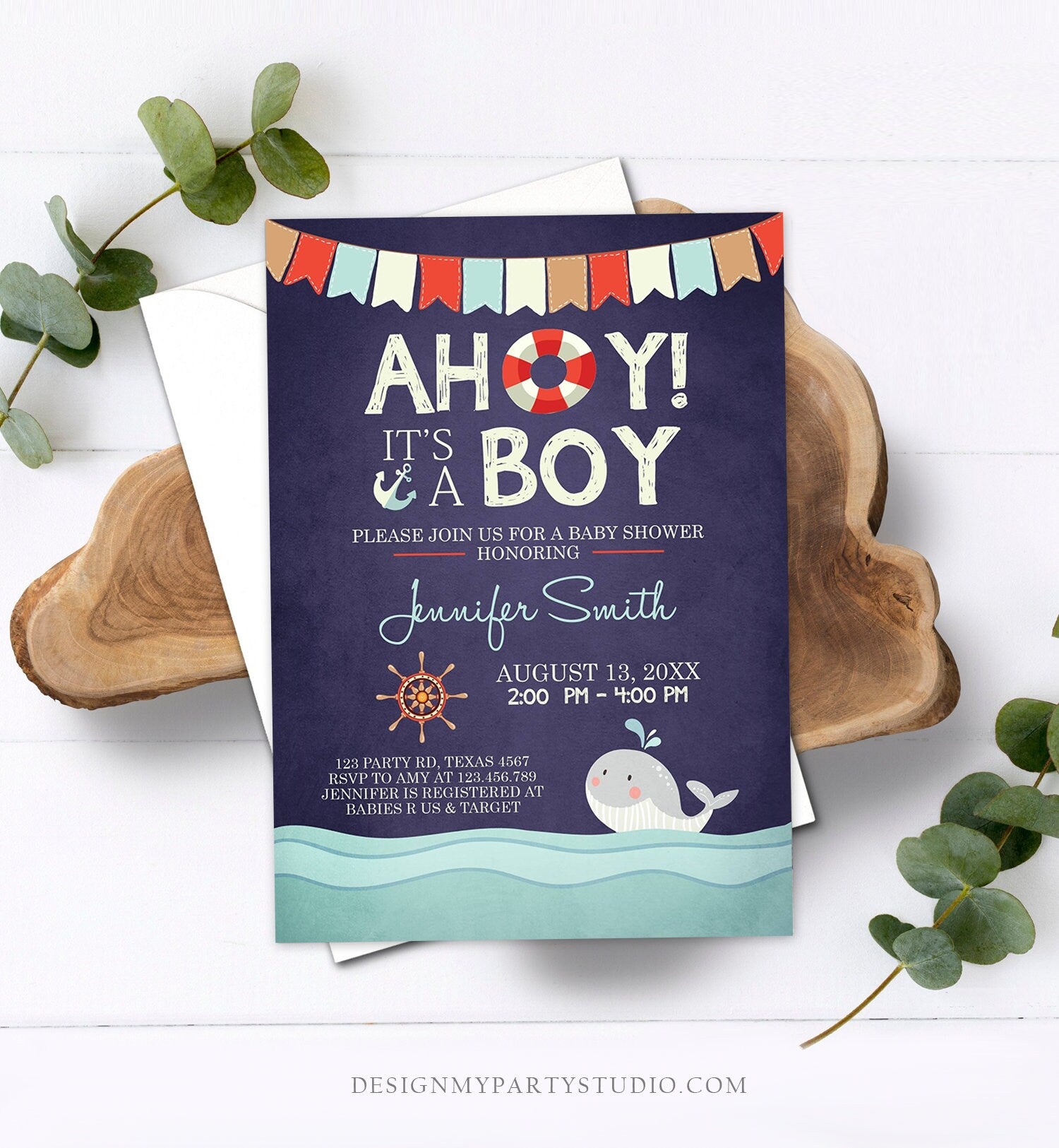 Editable Nautical Baby Shower Invitation Ahoy Its A Boy invite It's A Boy Whale Ocean Red Navy Blue Template Instant Digital Corjl 0018