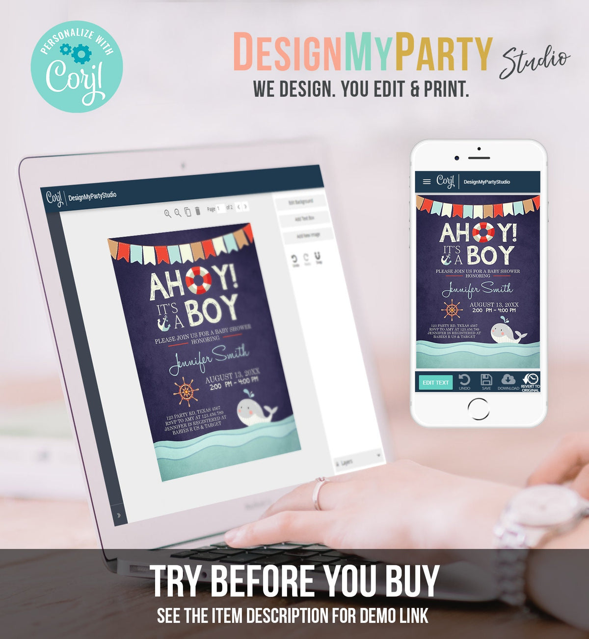 Editable Nautical Baby Shower Invitation Ahoy Its A Boy invite It&#39;s A Boy Whale Ocean Red Navy Blue Digital Corjl Template Printable 0018