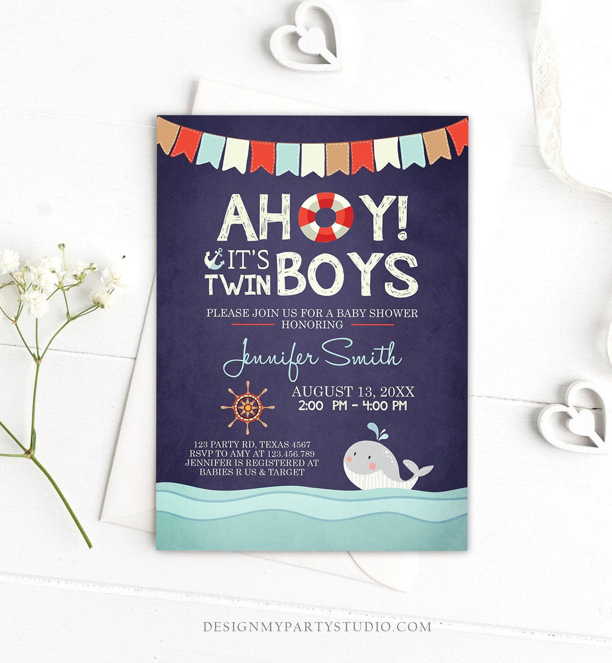 Editable Nautical Baby Shower Invitation Twin Boys Ahoy Its Twin Boys It&#39;s Twins Whale Ocean Red Navy Blue Template Digital Corjl 0018