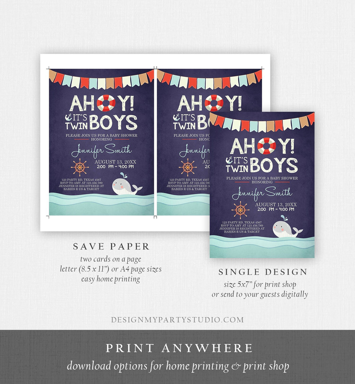 Editable Nautical Baby Shower Invitation Twin Boys Ahoy Its Twin Boys It&#39;s Twins Whale Ocean Red Navy Blue Template Digital Corjl 0018