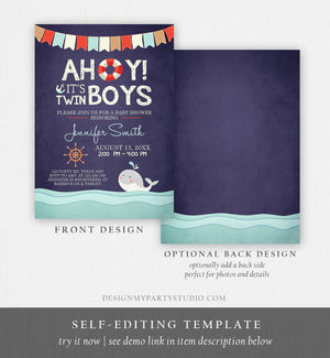 Editable Nautical Baby Shower Invitation Twin Boys Ahoy Its Twin Boys It's Twins Whale Ocean Red Navy Blue Template Digital Corjl 0018