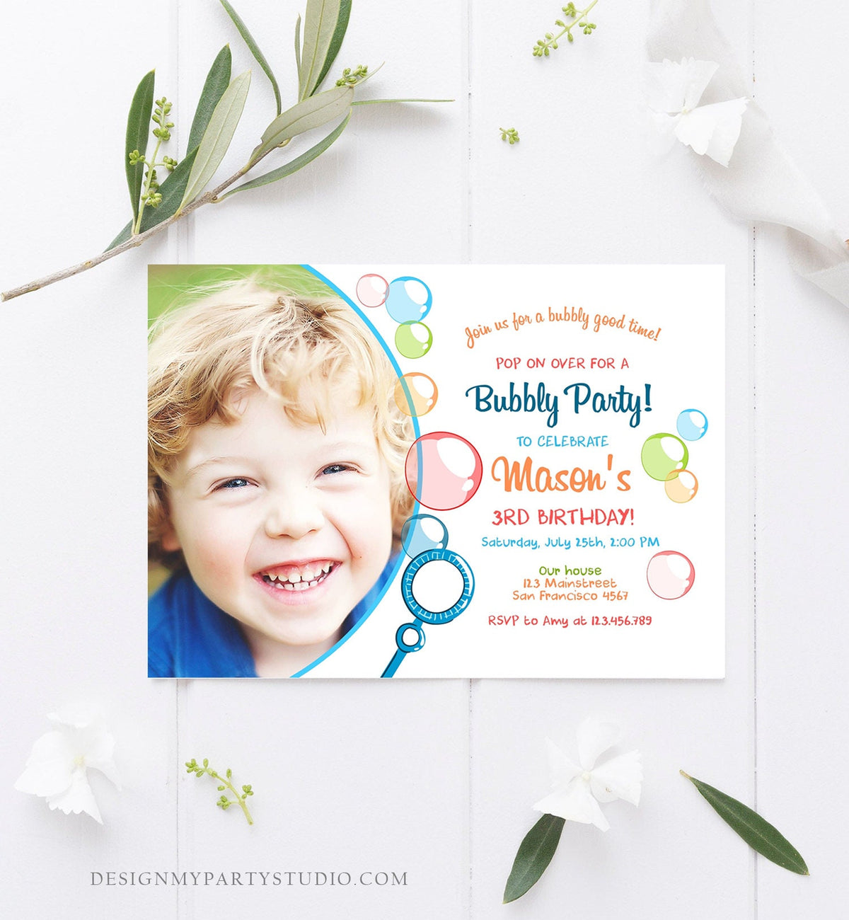 Editable Bubble Birthday Invitation Bubbles Birthday Party Invite Pop Boy Blue Green Summer Download Printable Template Corjl Digital 0035
