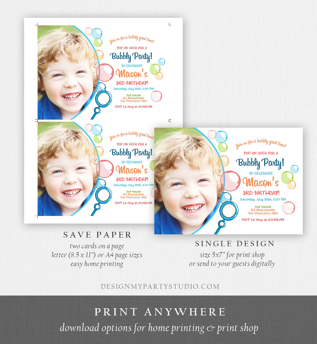 Editable Bubble Birthday Invitation Bubbles Birthday Party Invite Pop Boy Blue Green Summer Download Printable Template Corjl Digital 0035