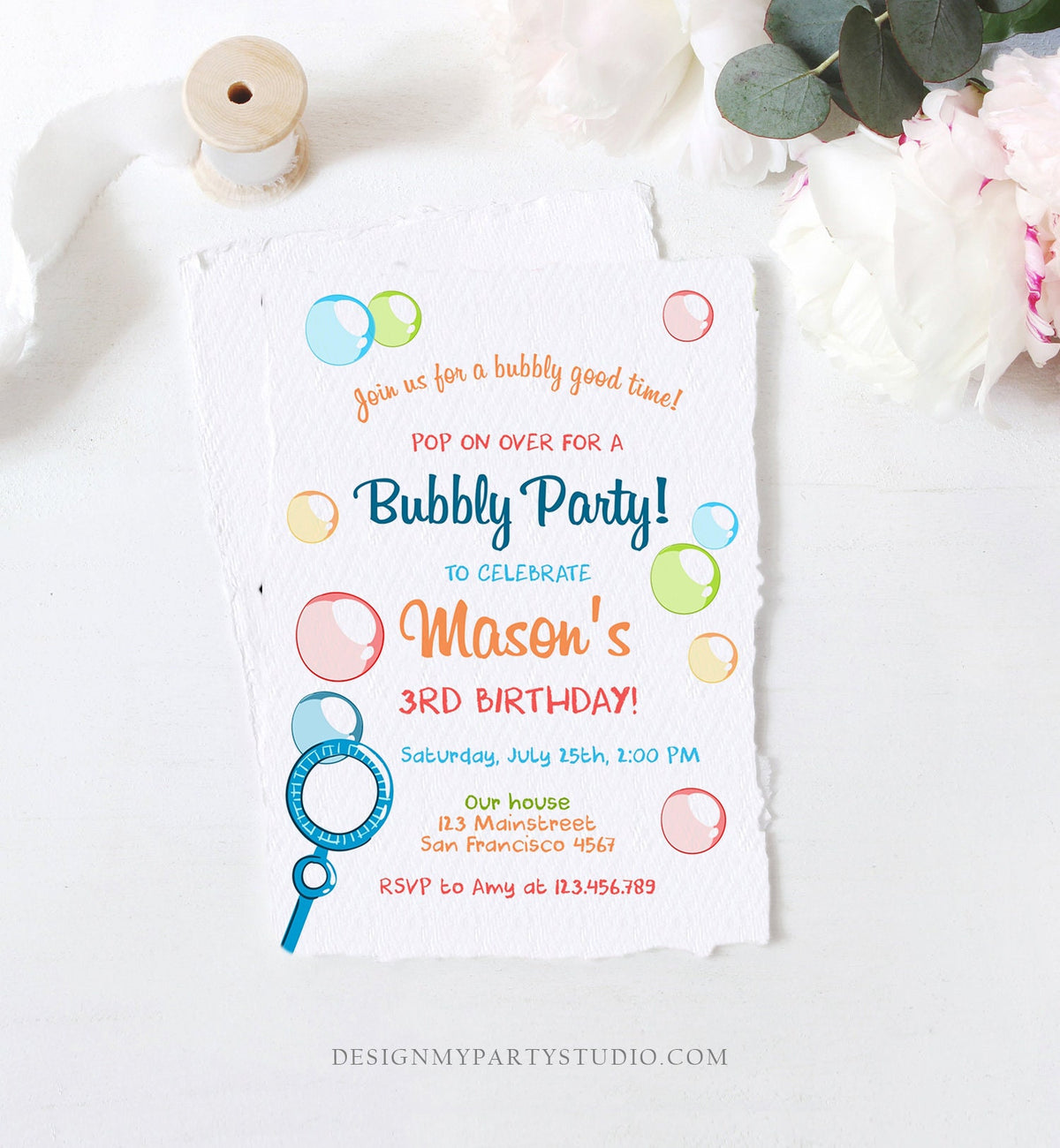 Editable Bubble Birthday Invitation Bubbles Birthday Party Invite Pop Boy Blue Green Summer Download Printable Template Corjl Digital 0035