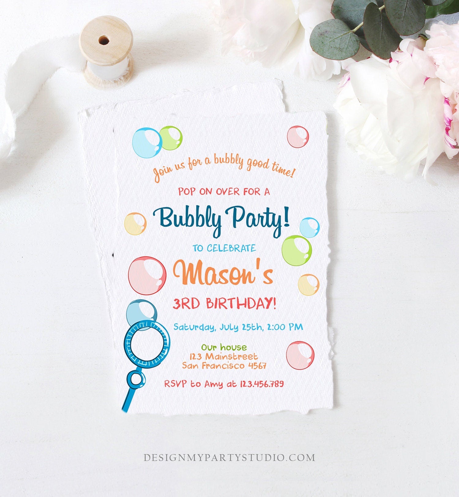 Editable Bubble Birthday Invitation Bubbles Birthday Party Invite Pop Boy Blue Green Summer Download Printable Template Corjl Digital 0035
