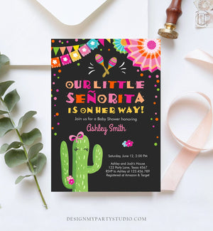 Editable Little Senorita Fiesta Baby Shower Invitation Cactus Mexican Succulent Señorita on the Way Pink Purple Download Corjl Template 0045