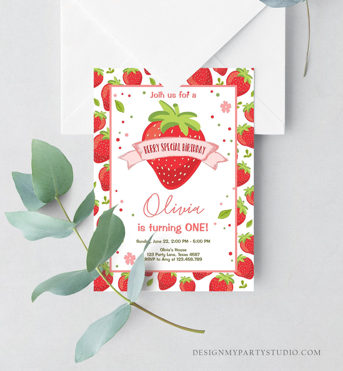 Editable Strawberry Birthday Invitation First Birthday Berry Special Girl Farmers Market Digital Download Template Printable 0091