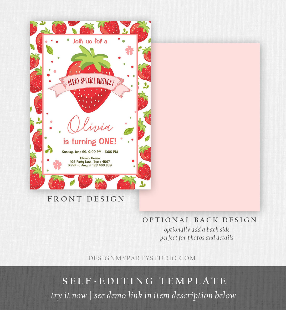 Editable Strawberry Birthday Invitation First Birthday Berry Special Girl Farmers Market Digital Download Template Printable 0091