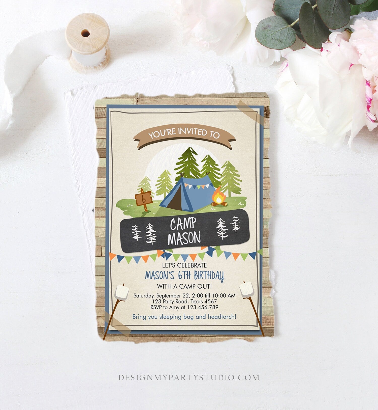 Editable Glamping Party Invitation Camp Out Birthday Invite Bonfire Outdoor Camping Tent Boy Blue Download Corjl Template Printable 0302