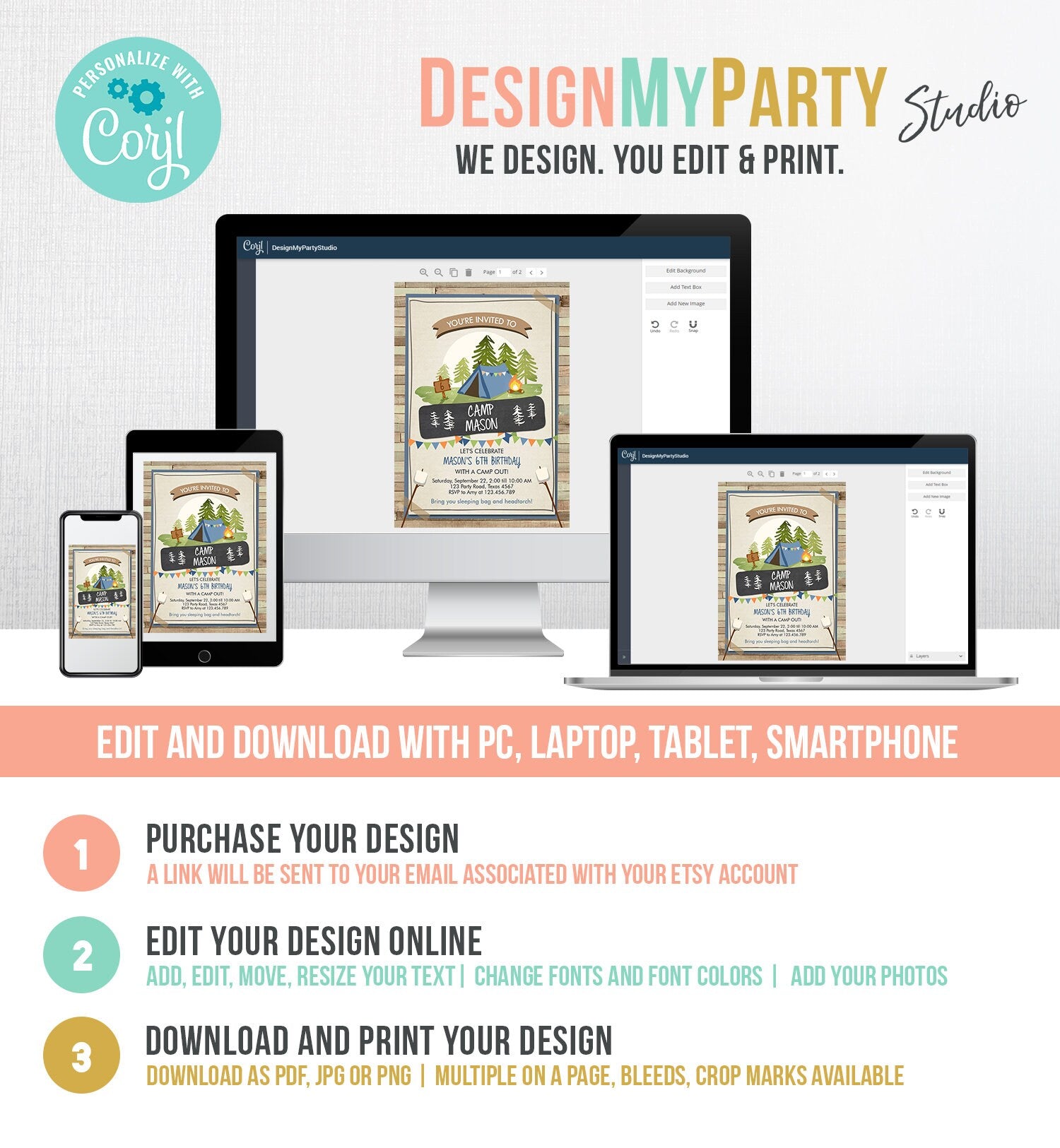 Editable Glamping Party Invitation Camp Out Birthday Invite Bonfire Outdoor Camping Tent Boy Blue Digital Download Template Printable 0302