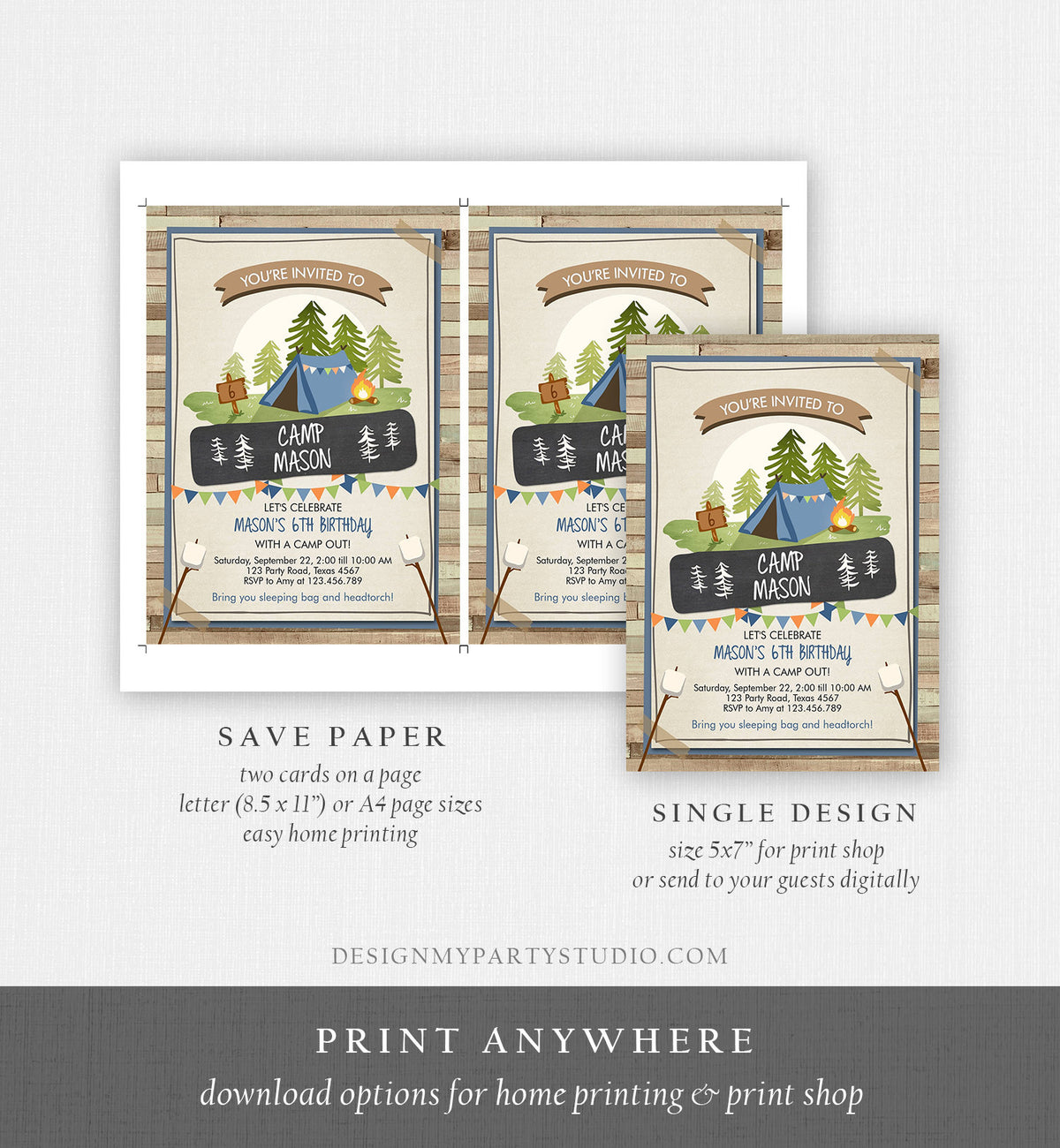 Editable Glamping Party Invitation Camp Out Birthday Invite Bonfire Outdoor Camping Tent Boy Blue Digital Download Template Printable 0302