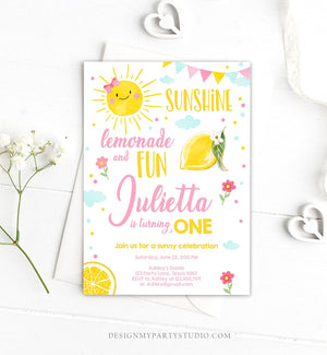 Editable Sunshine Lemonade Birthday Invitation Pink Girl Sunshine Party Lemonade Invitation 1st Birthday Printable Template Corjl 0141