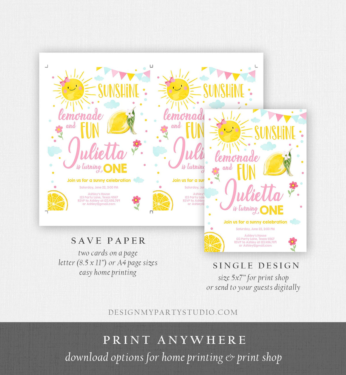 Editable Sunshine Lemonade Birthday Invitation Pink Girl Sunshine Party Lemonade Invitation 1st Birthday Printable Template Corjl 0141