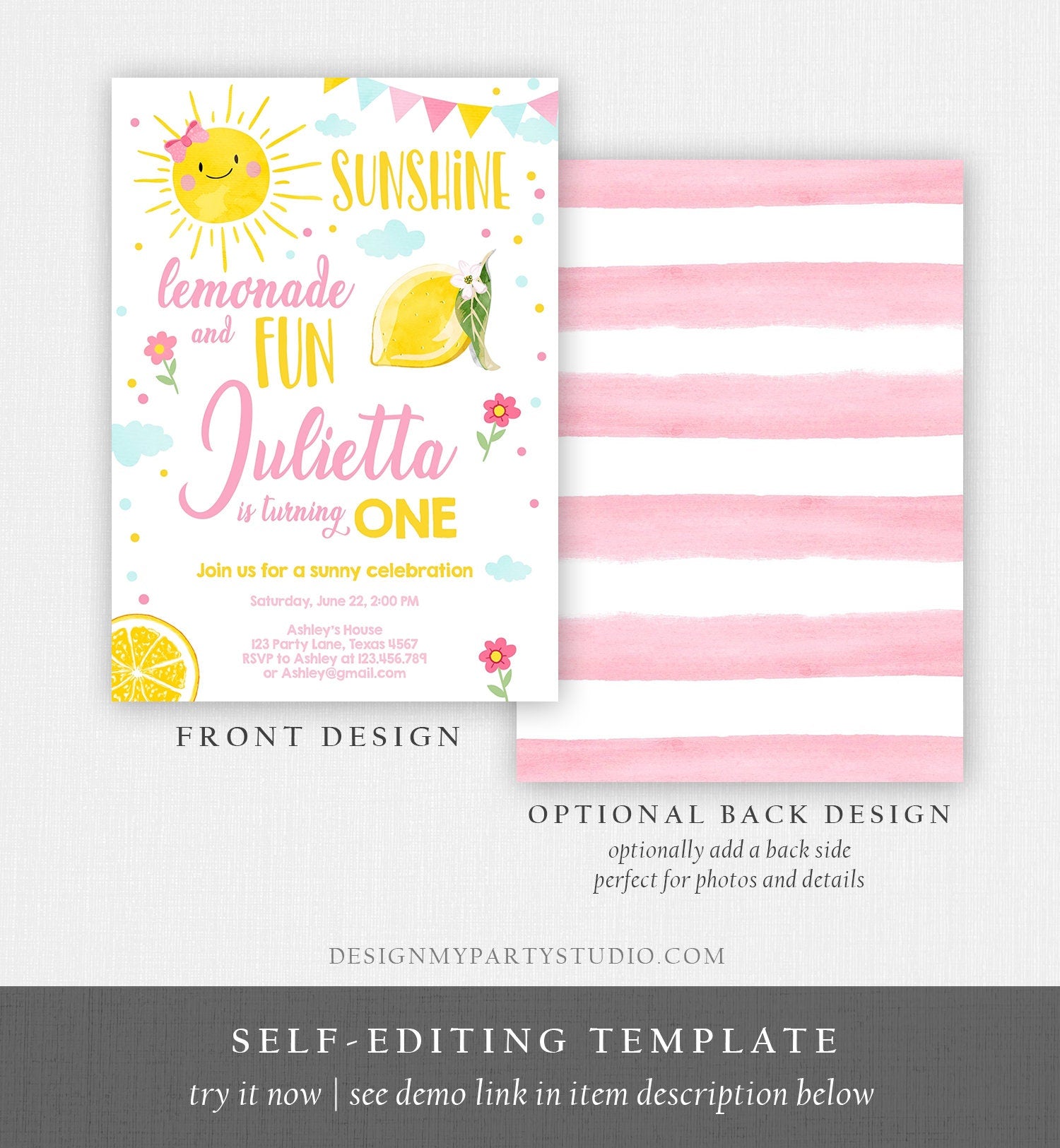 Editable Sunshine Lemonade Birthday Invitation Pink Girl Sunshine Party Lemonade Invitation 1st Birthday Printable Template Corjl 0141