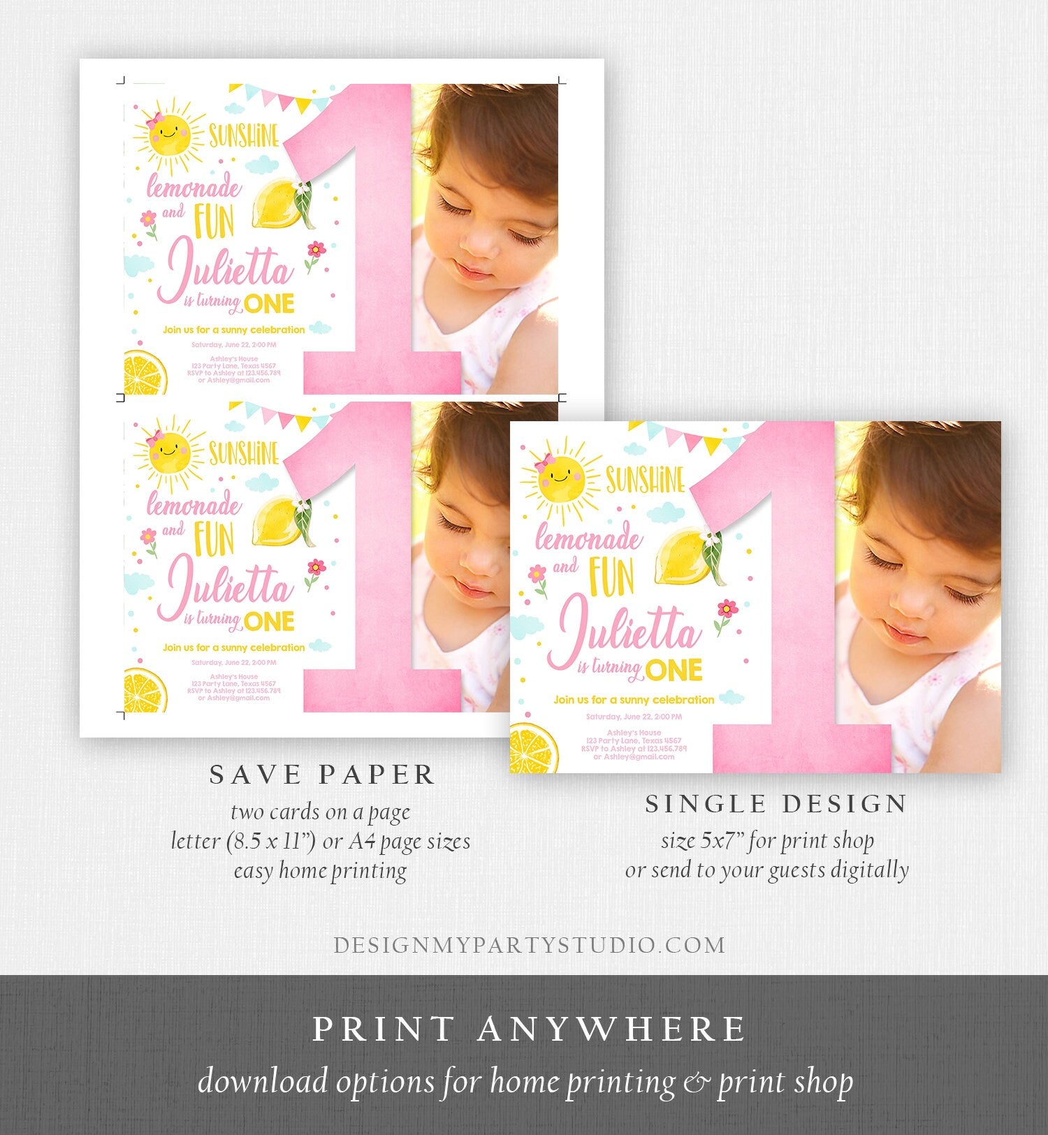 Editable Sunshine Lemonade Birthday Invitation Pink Girl Sunshine Party Lemonade 1st Digital Download Evite Template Printable 0141