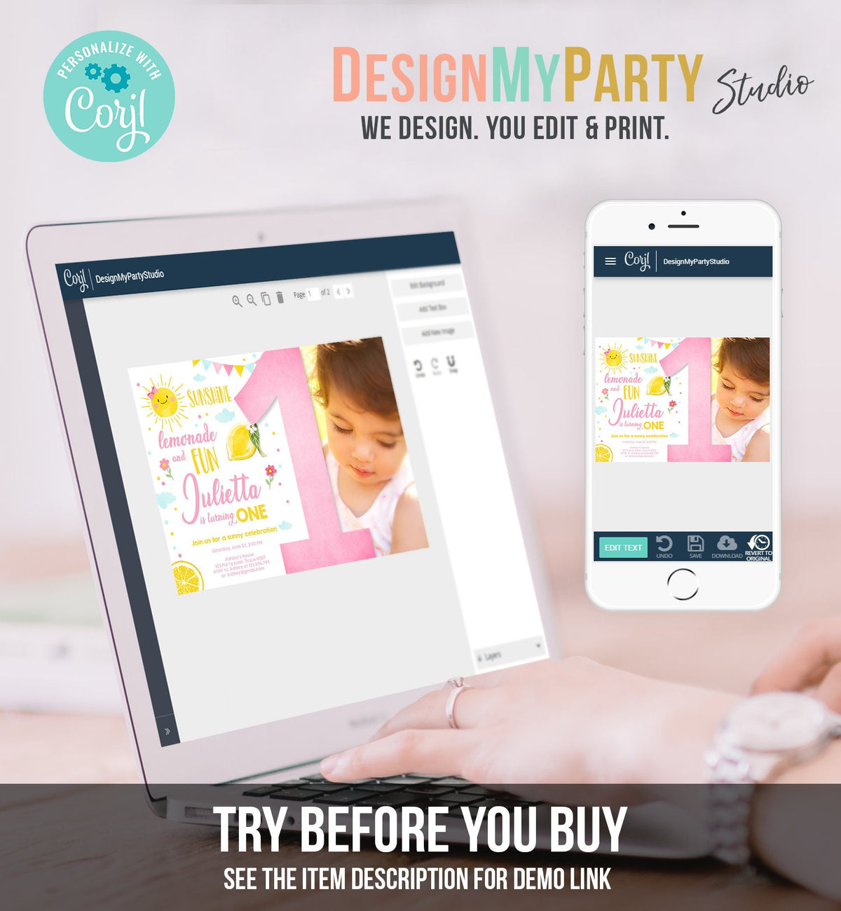 Editable Sunshine Lemonade Birthday Invitation Pink Girl Sunshine Party Lemonade 1st Digital Download Evite Template Printable 0141