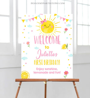 Editable Sunshine Welcome Sign Little Sunshine Birthday Party Pink Girl Lemonade and Fun Lemonade Stand Summer Template PRINTABLE Corjl 0141