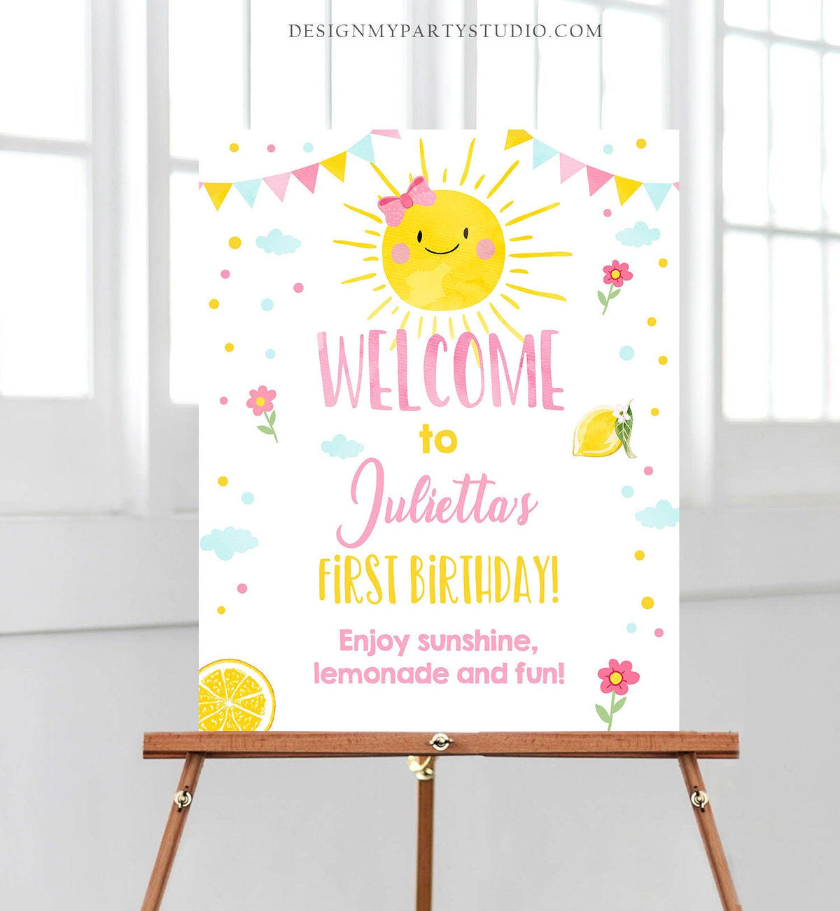 Editable Sunshine Welcome Sign Little Sunshine Birthday Party Pink Girl Lemonade and Fun Stand Summer Digital Template Printable 0141