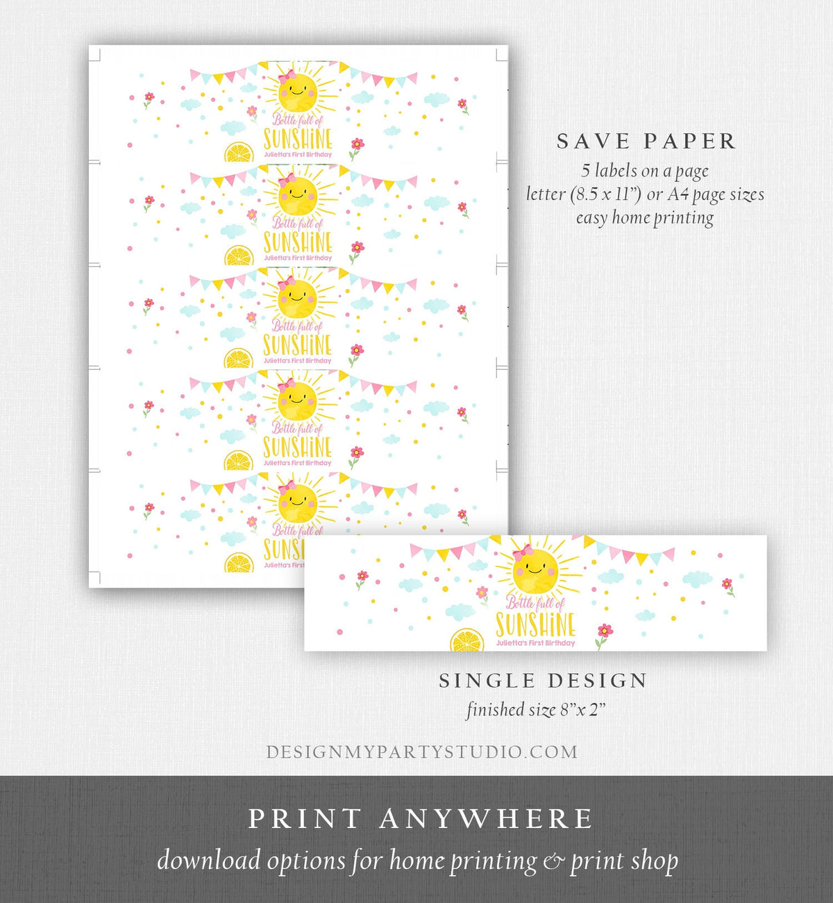 Editable Sunshine Water Bottle Label Girl Birthday My Little Sunshine Birthday Pink Lemonade and Fun Digital Template Printable 0141