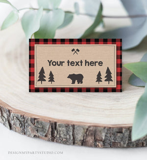 Editable Food Labels Lumberjack Birthday Wild One Buffalo Plaid Place Card Tent Card Escort Card Bear Woodland Rustic Template Corjl 0026