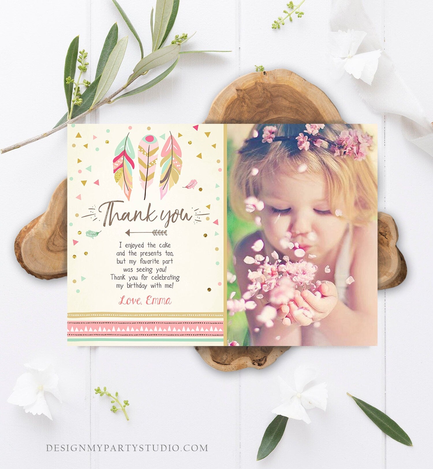 Editable Thank You Card Wild One Thank you Note Wild And Three Feathers Pink and Gold Girl Download Printable Template Digital Corjl 0073