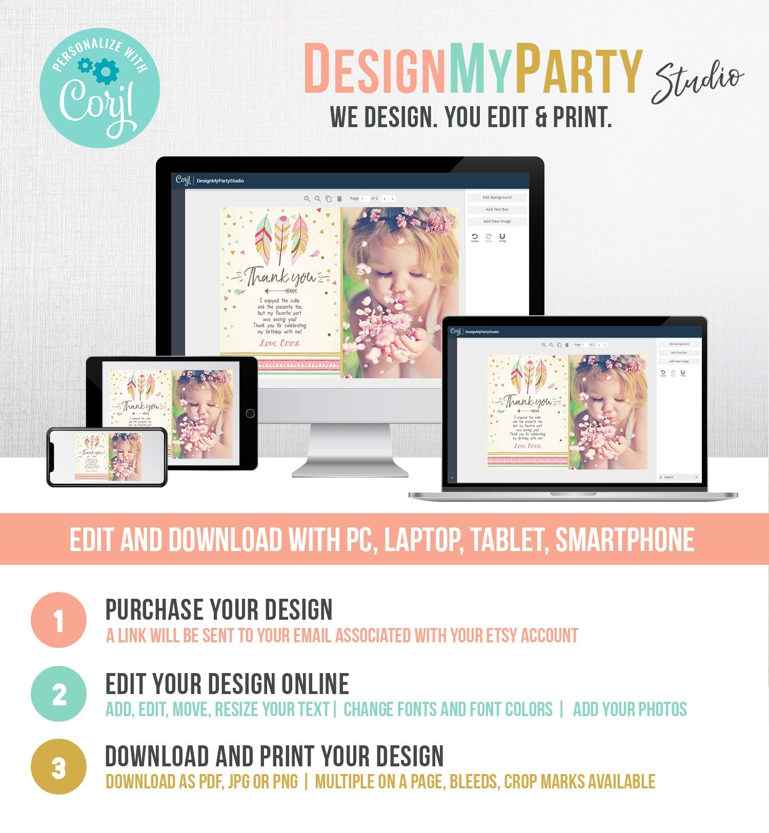 Editable Thank You Card Wild One Thank you Note Wild And Three Feathers Pink and Gold Girl Download Printable Template Digital Corjl 0073