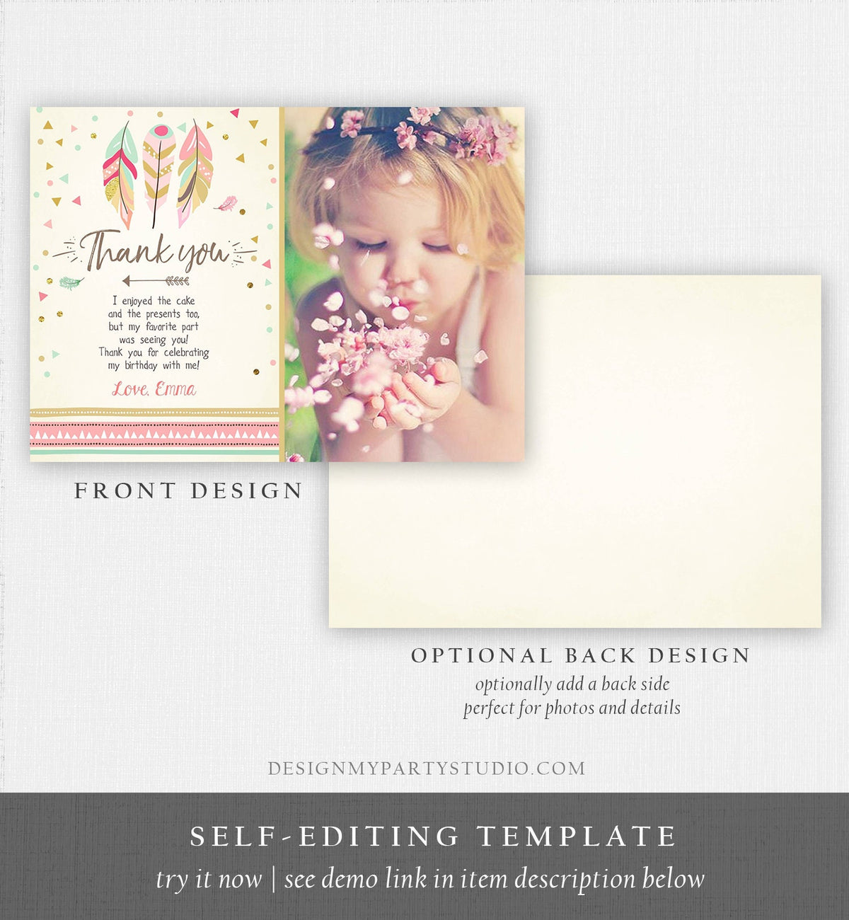 Editable Thank You Card Wild One Thank you Note Wild And Three Feathers Pink and Gold Girl Download Printable Template Digital Corjl 0073