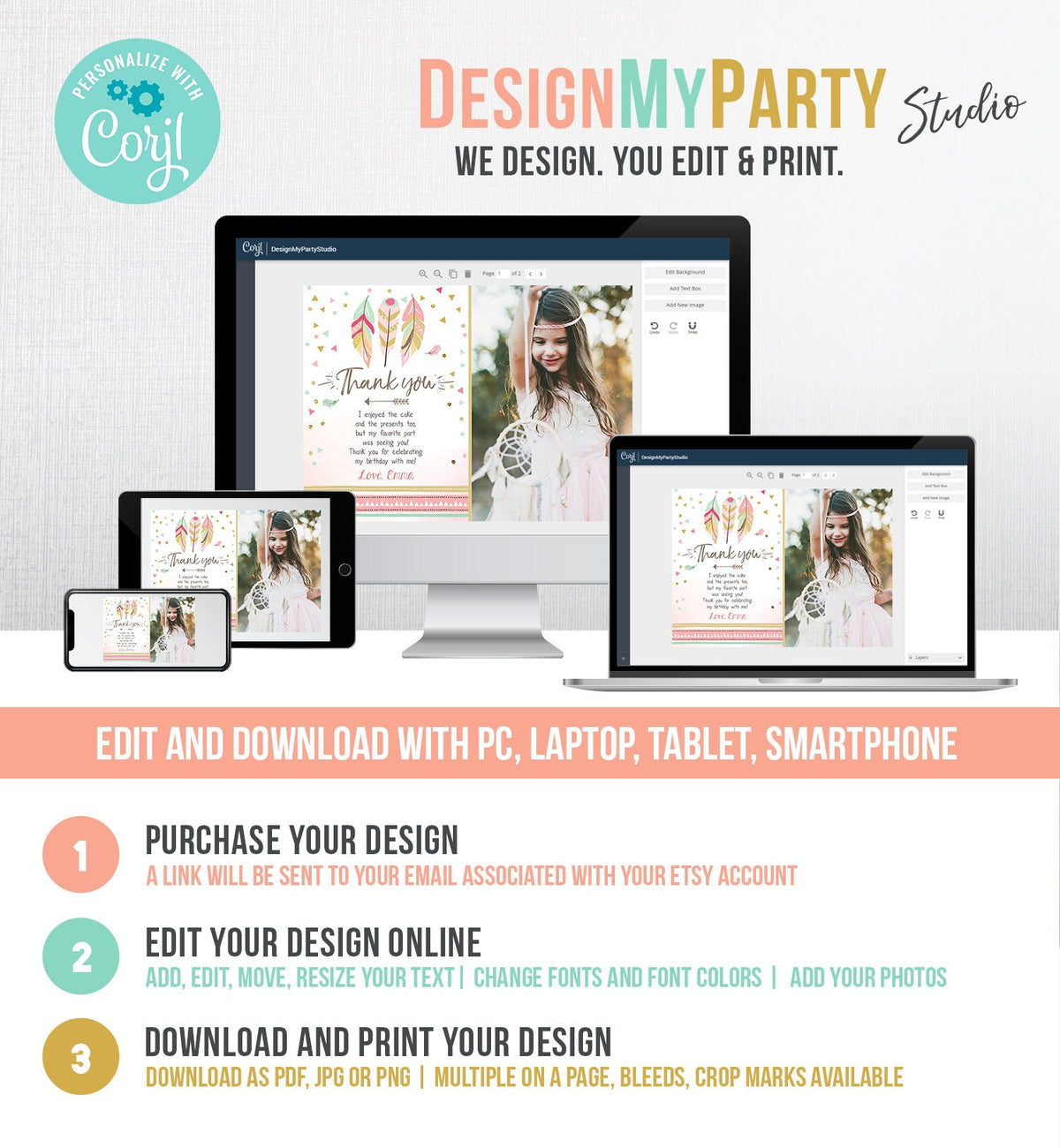 Editable Thank You Card Wild One Thank you Note Wild And Three Feathers Pink and Gold Girl Download Printable Template Corjl Digital 0073