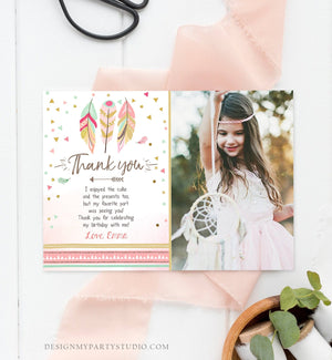 Editable Thank You Card Wild One Thank you Note Wild And Three Feathers Pink and Gold Girl Download Printable Template Corjl Digital 0073