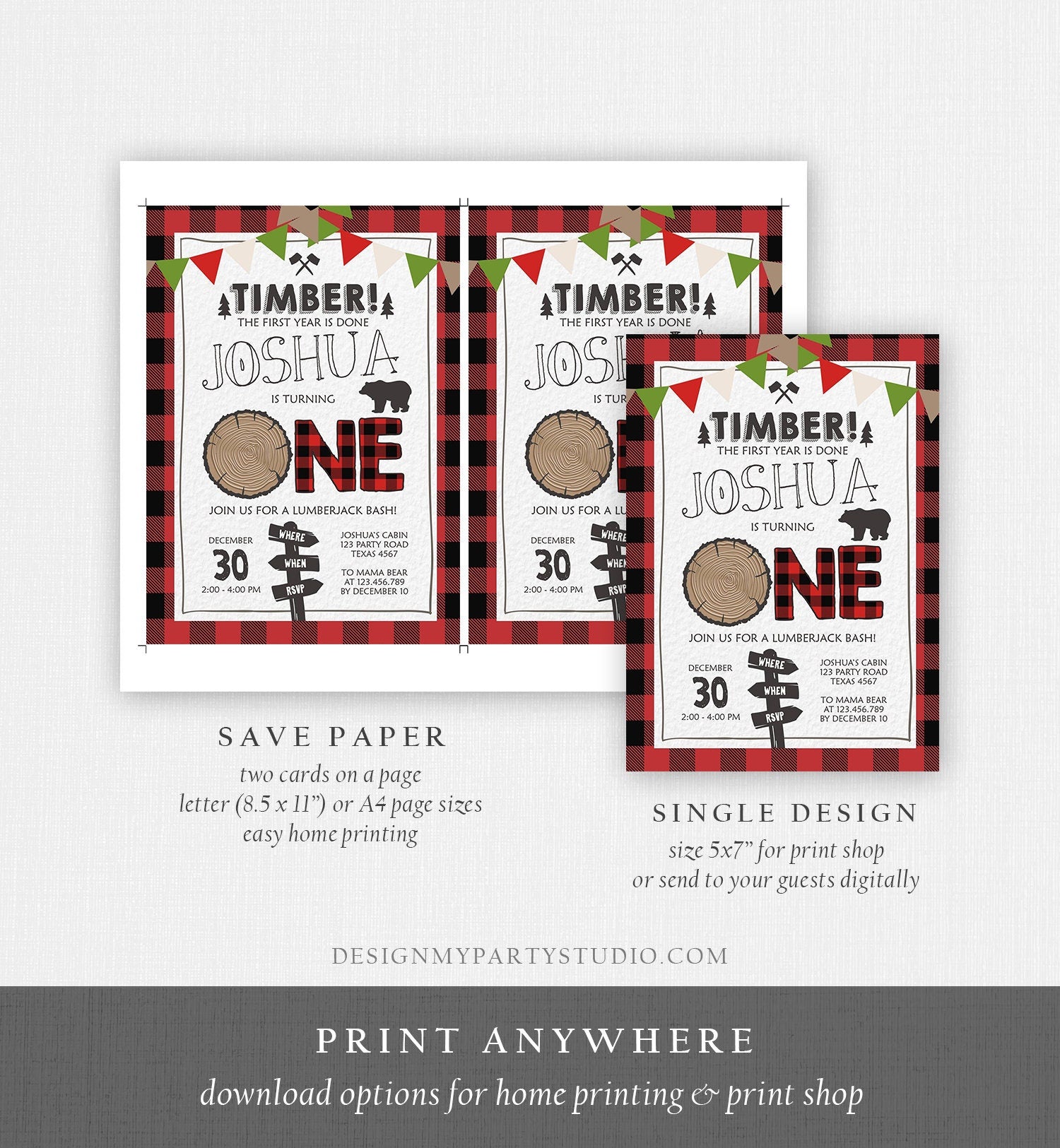 Editable Lumberjack First Birthday Invitation One Lumberjack 1st Birthday Buffalo Plaid Outdoor Bear Boy Printable Corjl Template 0377