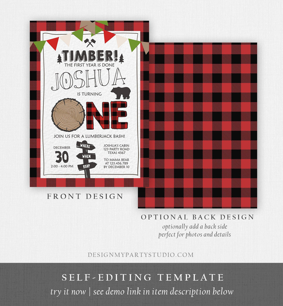 Editable Lumberjack First Birthday Invitation One Lumberjack 1st Birthday Buffalo Plaid Outdoor Bear Boy Printable Corjl Template 0377