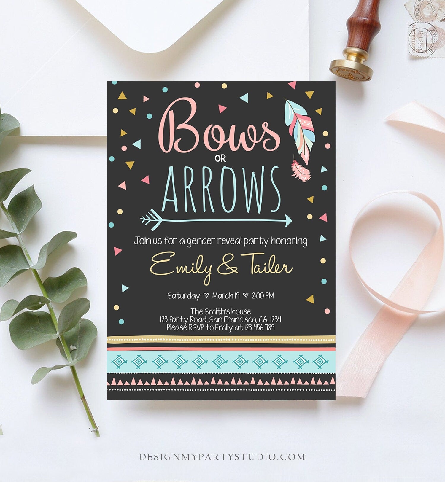 Editable Gender Reveal Invitation Bows or Arrows Tribal Boy or Girl He or She Blue or Pink Invitation Template Instant Download Corjl 0284