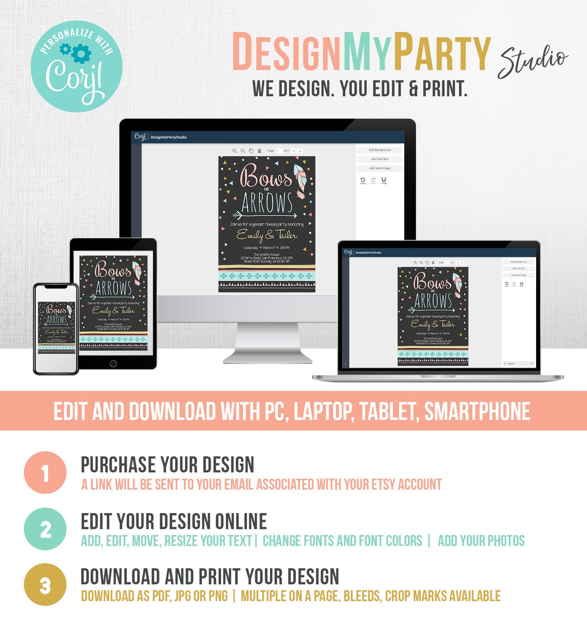 Editable Gender Reveal Invitation Bows or Arrows Tribal Boy or Girl He or She Blue or Pink Invitation Template Instant Download Corjl 0284