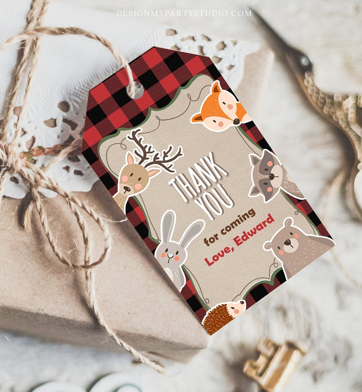 Editable Lumberjack Favor tags Woodland Animals Thank you tags Label tags Woodland Thank you Buffalo Plaid Forest Template Corjl 0303