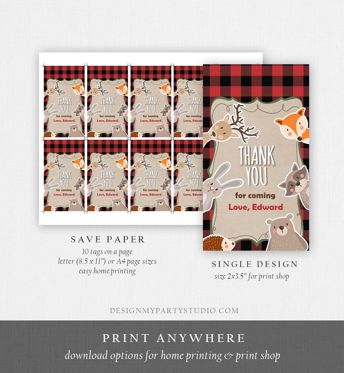 Editable Lumberjack Favor tags Woodland Animals Thank you tags Label tags Woodland Thank you Buffalo Plaid Forest Template Corjl 0303