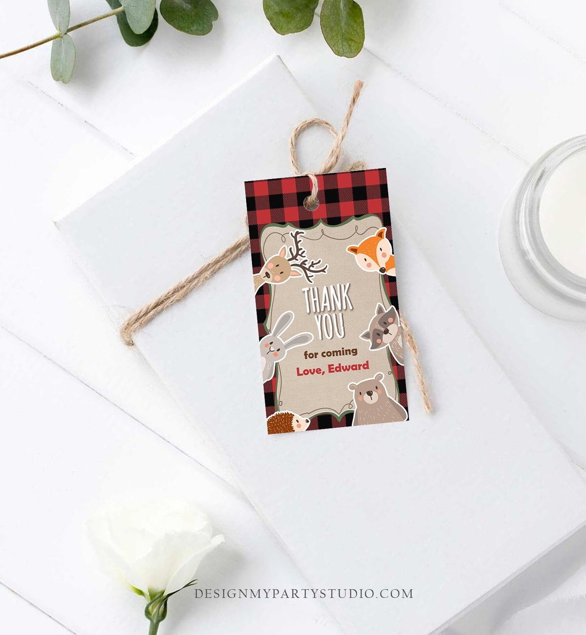 Editable Lumberjack Favor tags Woodland Animals Thank you tags Label tags Woodland Thank you Buffalo Plaid Forest Template Corjl 0303