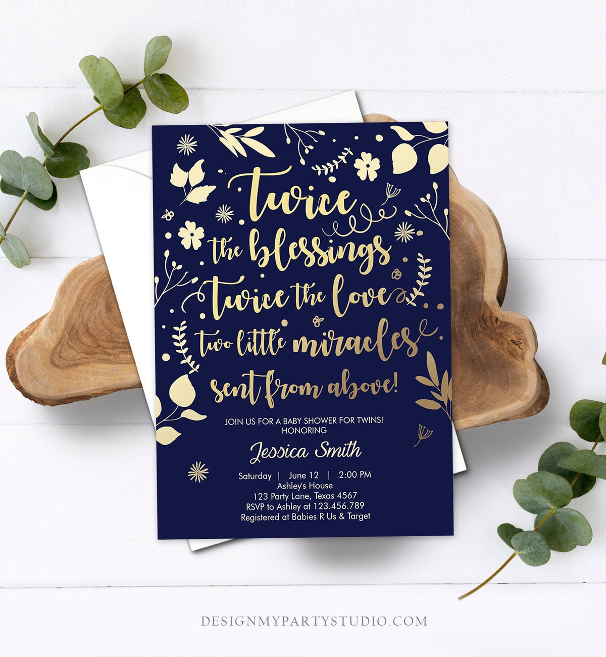 Editable Twin Baby Shower Invitation Twins Navy Gold White Blessings Rustic Modern Floral Gender Neutral Invite Template Download Corjl 0285
