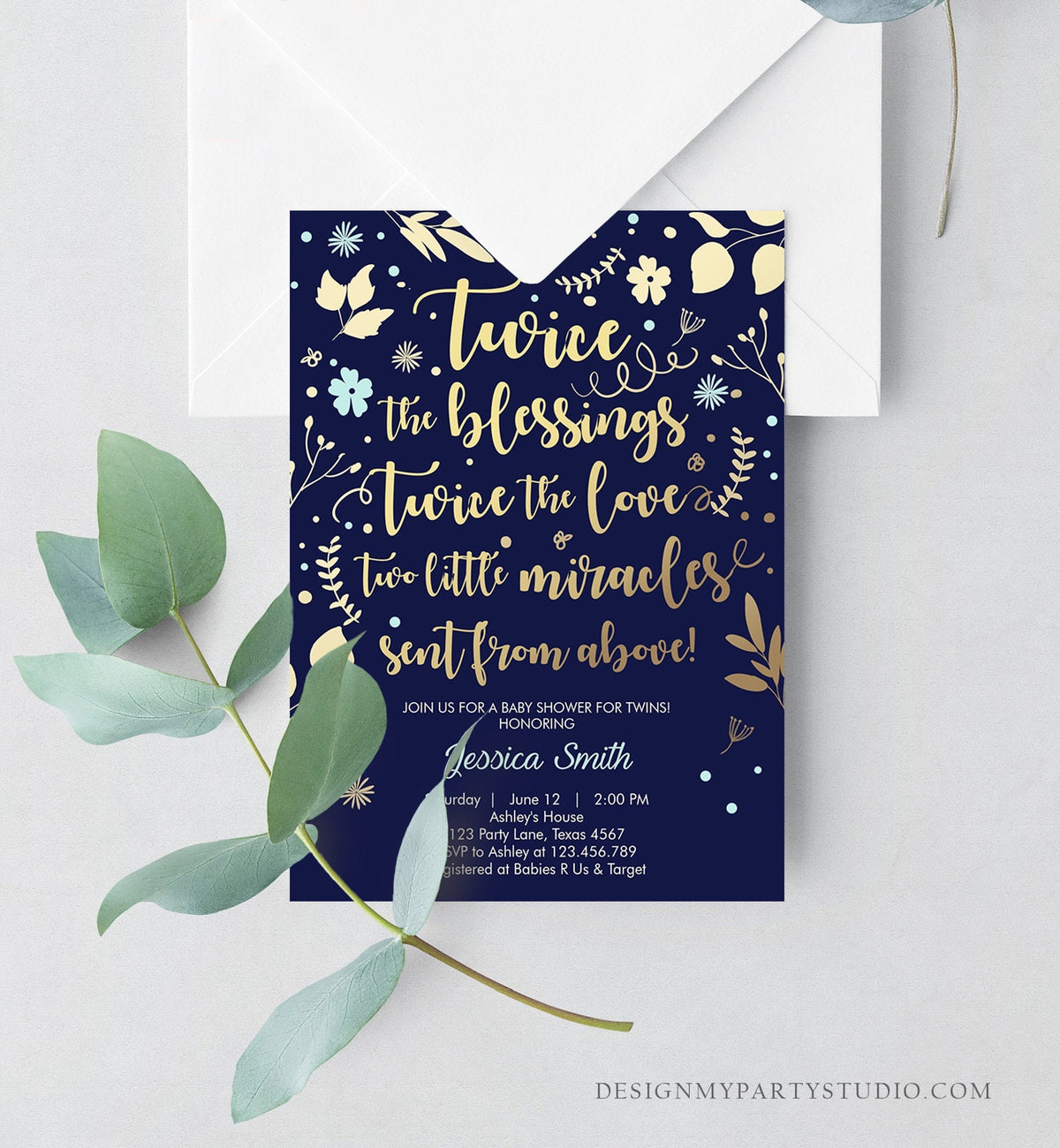 Editable Twin Baby Shower Invitation Twin Boys Navy Blue Gold Blessings Rustic Modern Floral Twin Invitation Template Download Corjl 0285